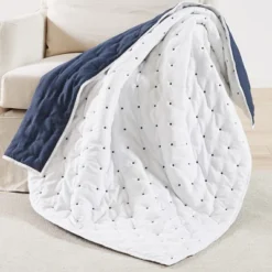 Embroidered Swiss Dot White And Navy Quilted Throw - Levtex Home